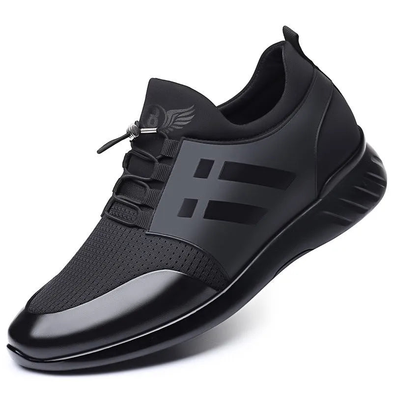 Men's black casual height increasing shoes with chunky rubber sole, shown in leather, Lycra, and mesh upper options.