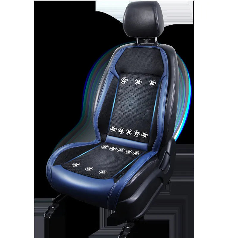 Black car seat cooling pad with USB power cable on vehicle seat