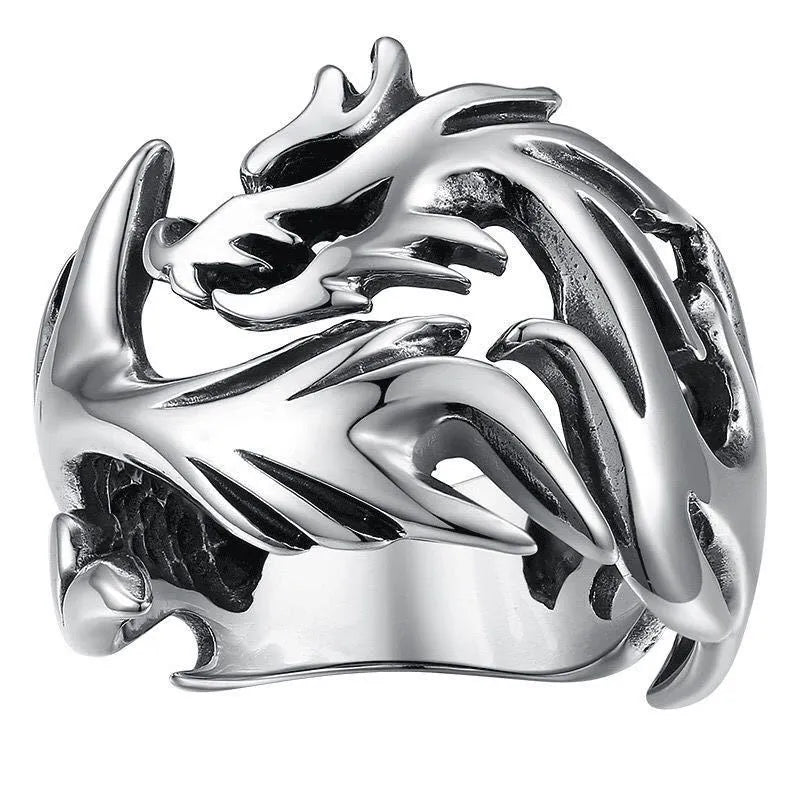 Adjustable metal ring with Chinese dragon pattern in electroplated silver blue and green colours