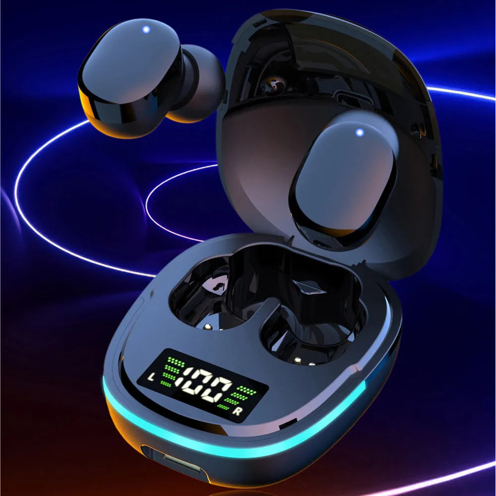 Black true wireless stereo Bluetooth in-ear headphones with charging case on display