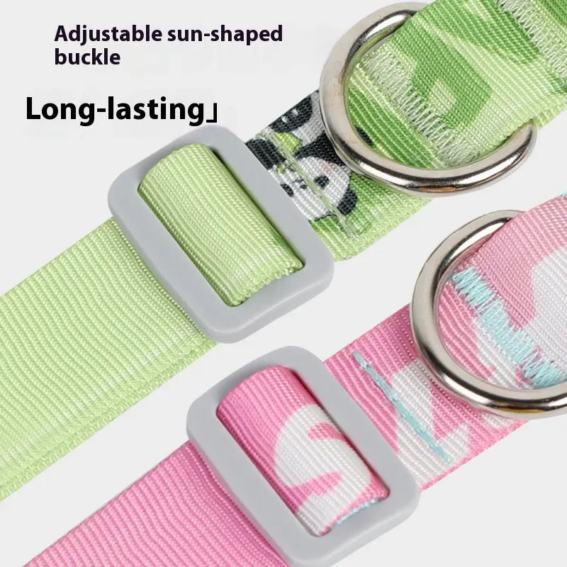 Adjustable nylon dog collar with cartoon gradient printing in S, M, and L sizes for small to medium dogs