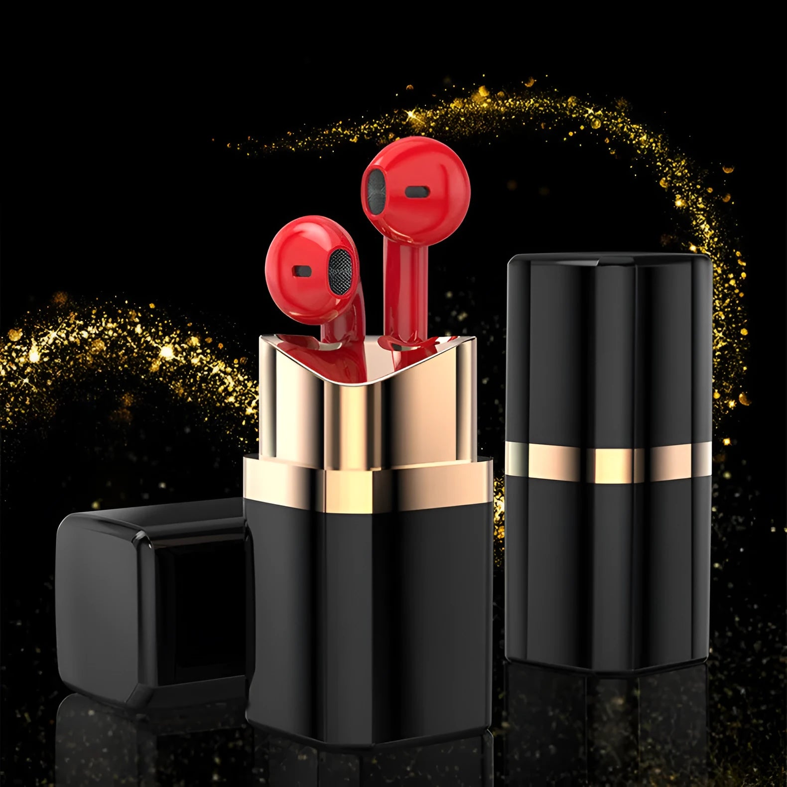 Lipstick-style wireless Bluetooth earphones in charging case, available in black, pink, purple, and white colours.