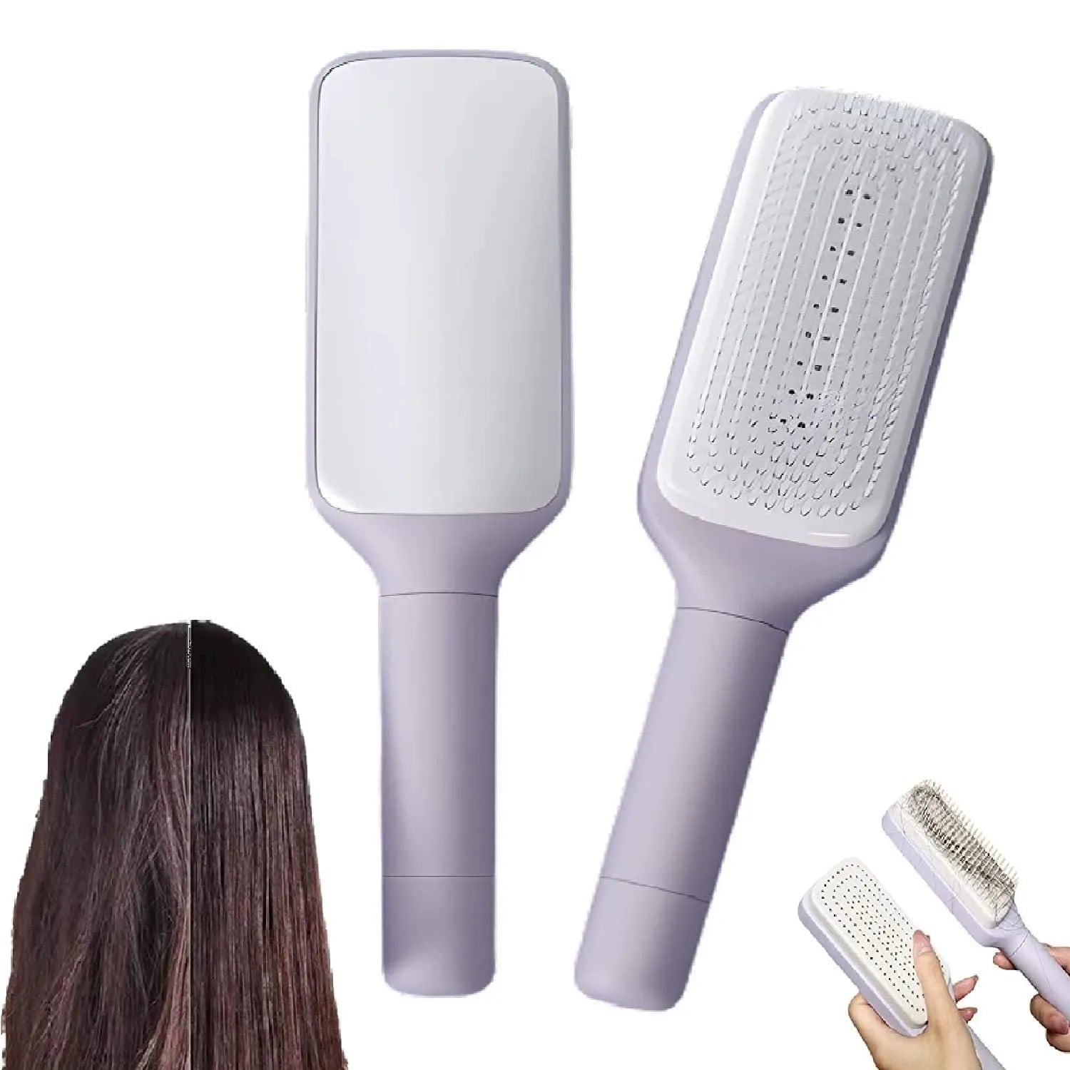 Roland purple self-cleaning hair brush with telescopic handle and wide teeth for detangling