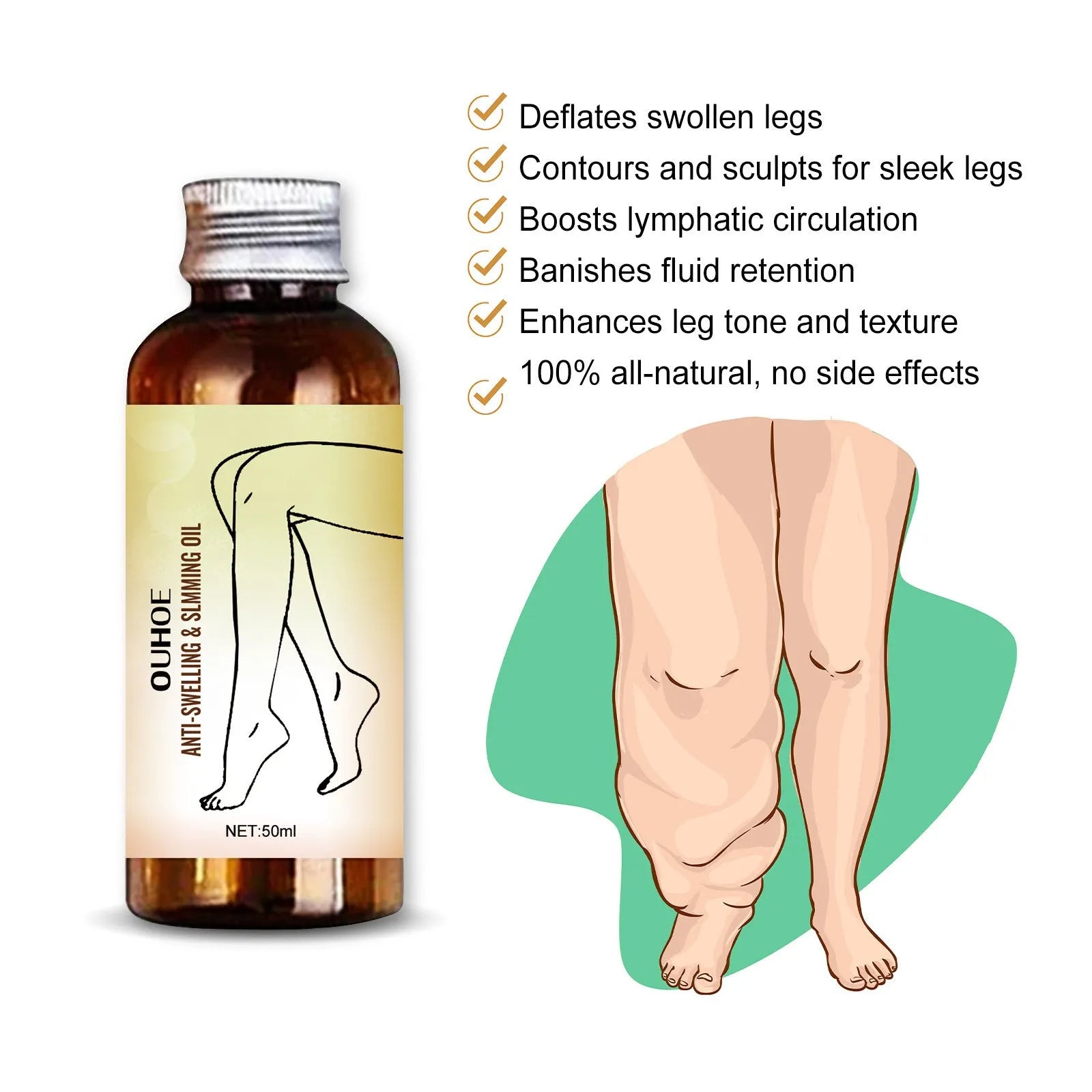 50ml bottle of essential oil for body skin care and leg massage with botanical extracts