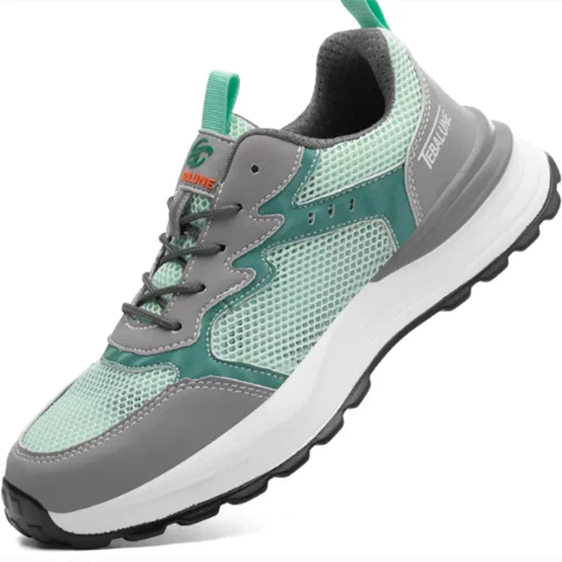 Green work safety shoes with mesh upper and steel toe cap protection