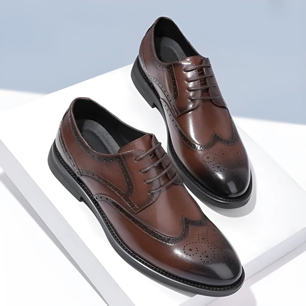 Men's black and brown brogue leather shoes with business styling and PU leather upper material