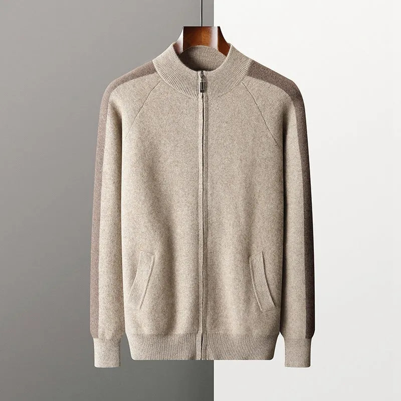 Men's navy blue cashmere wool blend half turtleneck zipper cardigan with matching trousers
