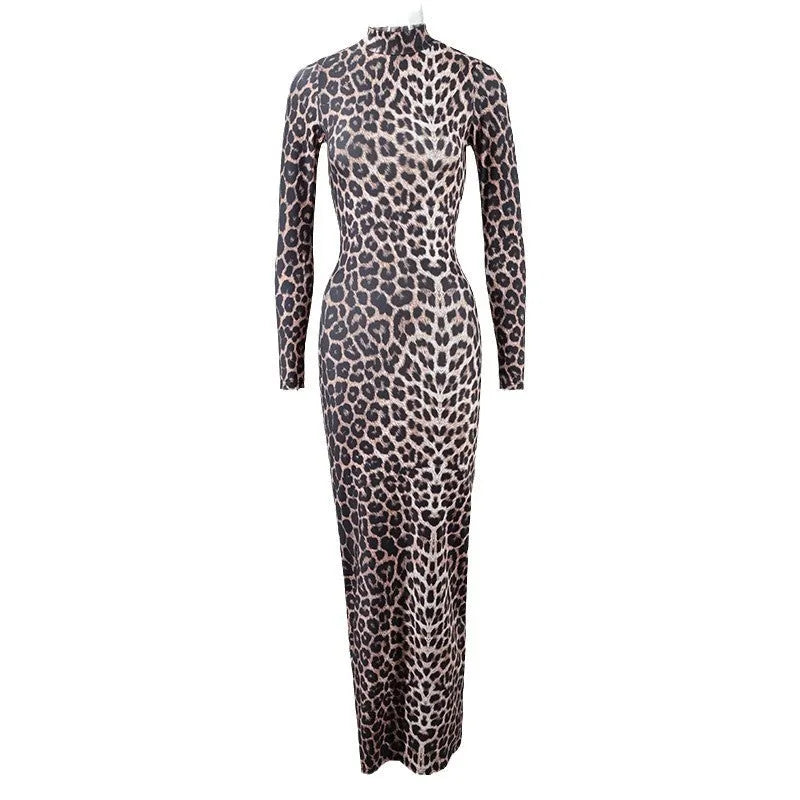 Leopard print long sleeve dress with stand collar and high-waisted knee-length skirt.