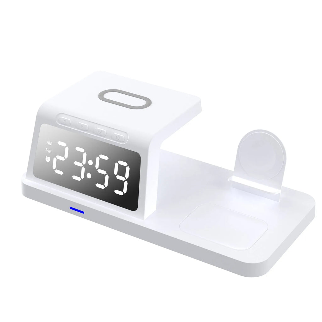 Four-in-one clock wireless charger 15W QC3.0 Type-C charging station in white