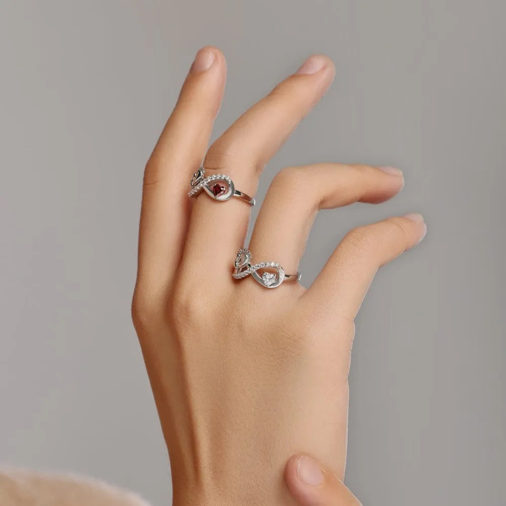 Silver rose red geometric ring with baby footprints design for women