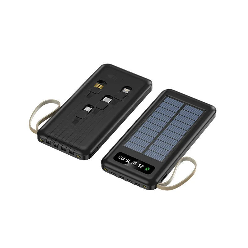 Solar power bank in black or white with 20000mA or 30000mA capacity measuring 144mm by 68mm