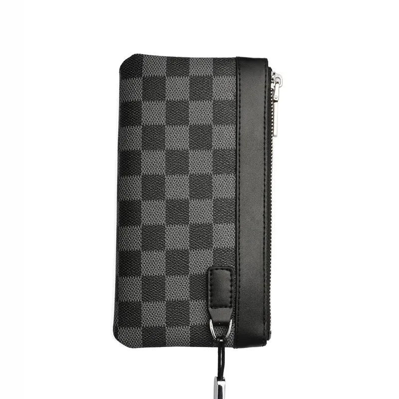 Black men's leather clutch wallet showing cowhide texture and 20x10cm dimensions