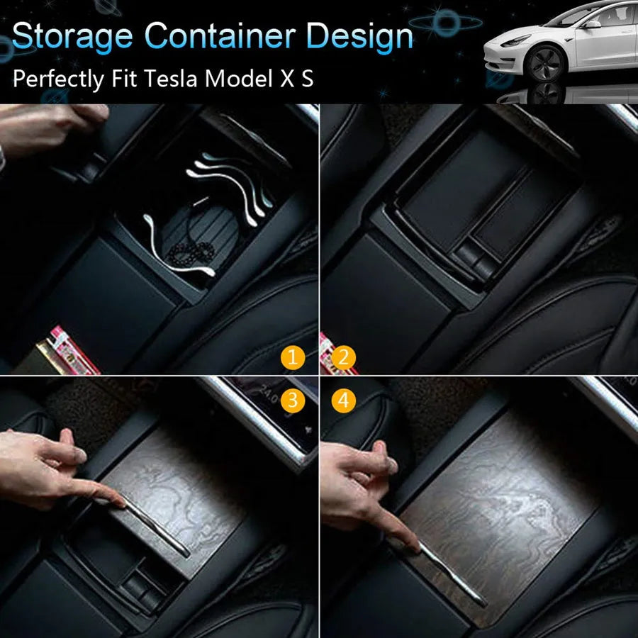 Black wireless charging storage box with QI compatibility and storage compartment
