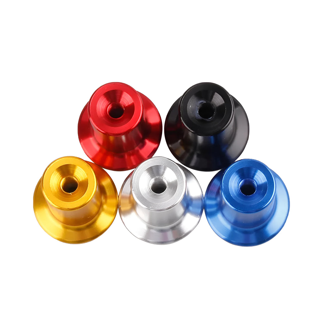 Aluminium alloy car handbrake button cap in red, blue, gold, silver, and black colour options.