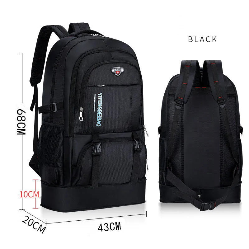 Men's simple outdoor sports large-capacity nylon backpack in black, with 56-75L capacity and dimensions 17x37x64 cm