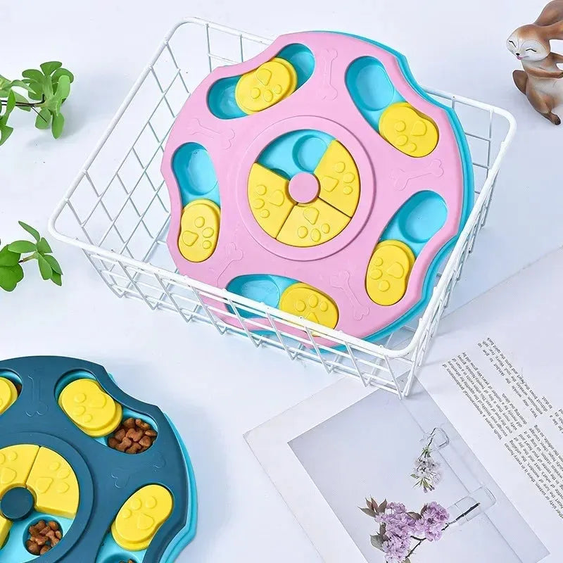 Blue and pink interactive dog puzzle food bowl for aggressive chewers with treat-dispensing games