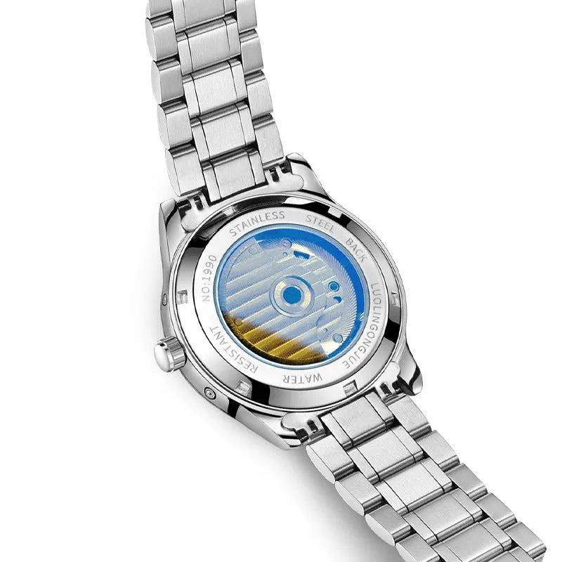Men's stainless steel mechanical business watch with sapphire crystal and leather strap