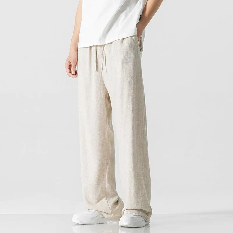 Men's bamboo linen straight-leg trousers in cropped length with drawstring waist