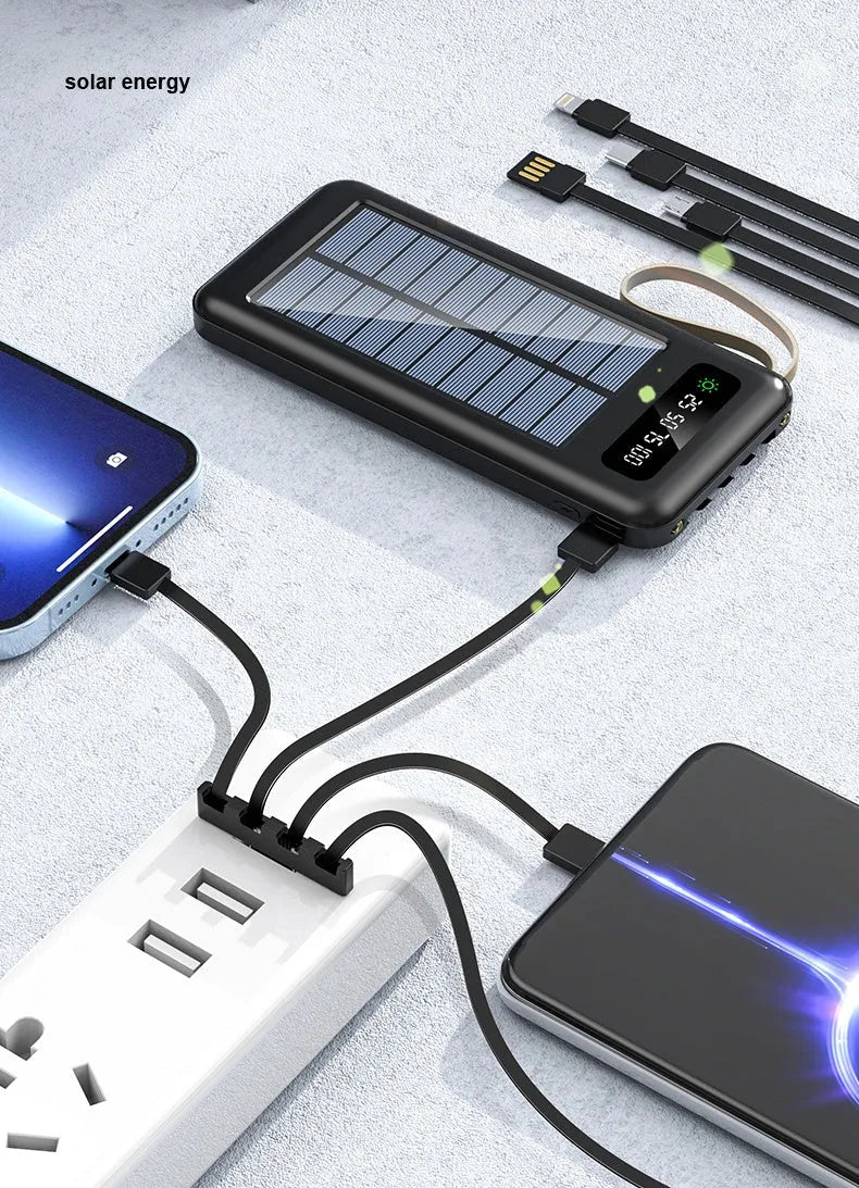 Solar power bank in black or white with 20000mA or 30000mA capacity measuring 144mm by 68mm