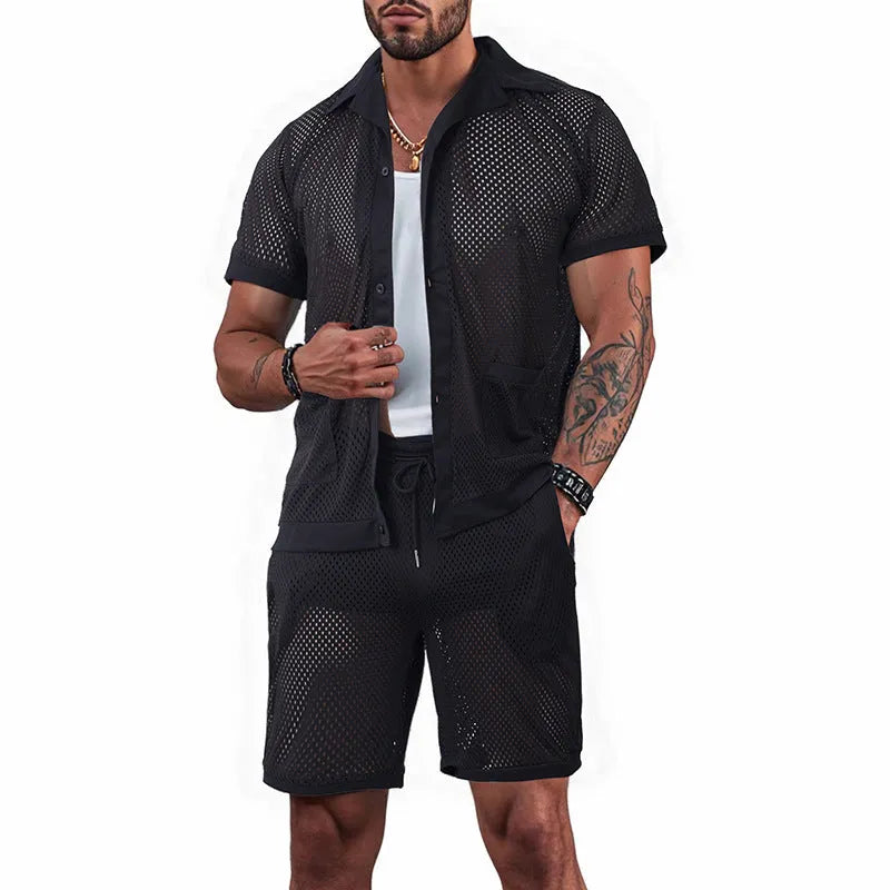 Beach Hawaii see-through cardigan and shorts suit in light grey for summer leisure wear