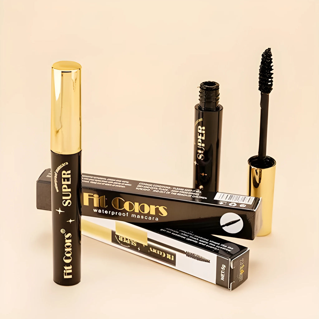 Colourful mascara tubes showing shades like wine red, gold, purple, and black for thick curl Christmas and stage makeup.