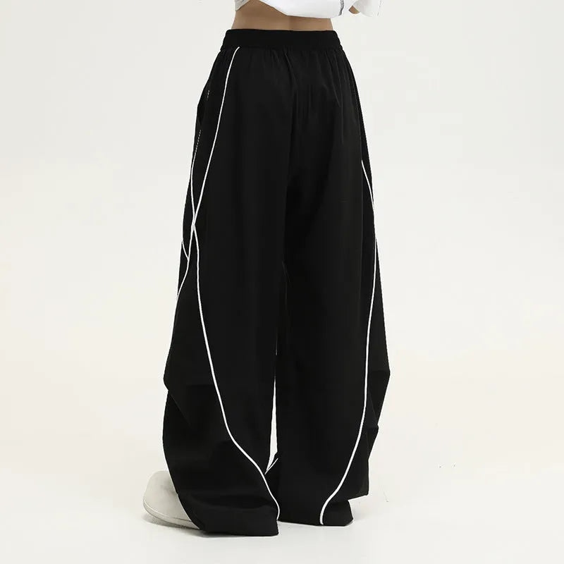 Black wide-leg pleated hip hop sports trousers with striped pattern