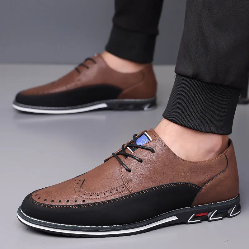 Men's casual leather shoes with low top, rubber sole, and leather toe cap in multiple colour options.