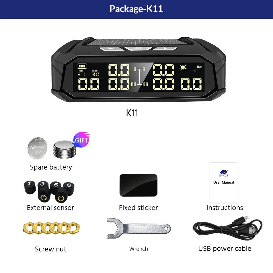 Solar-powered tire pressure monitor display unit with colour screen next to six external sensors
