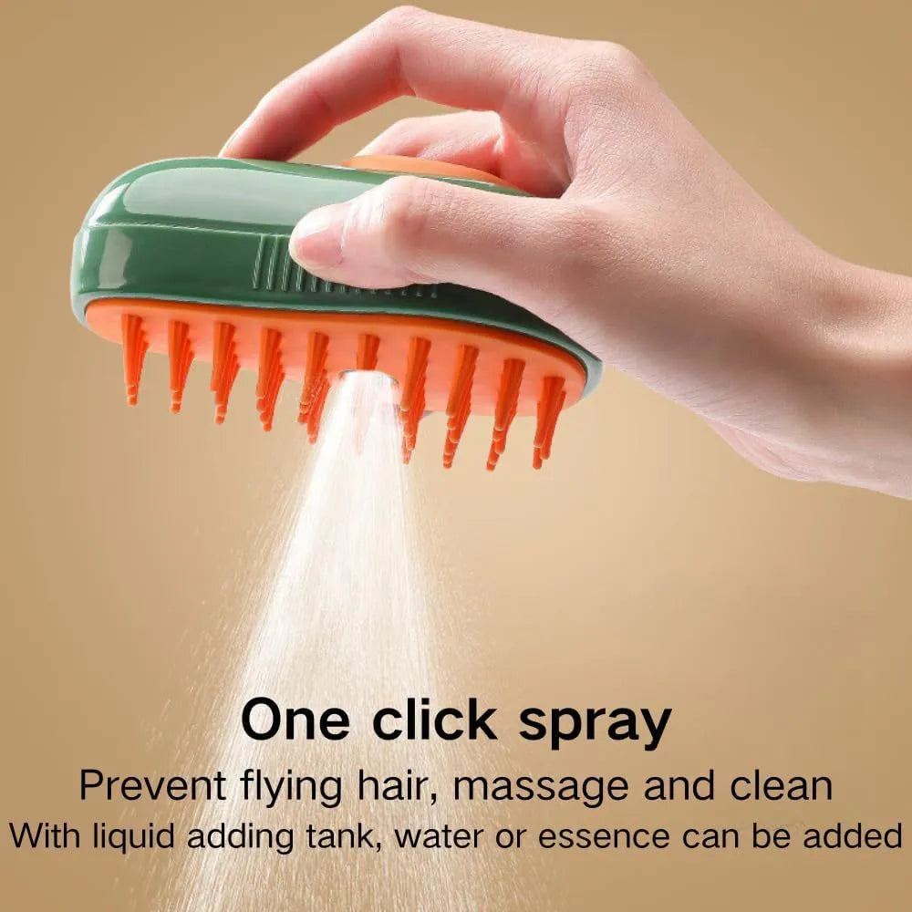 Green and white cat steam brush with water spray system and silicone teeth for pet grooming