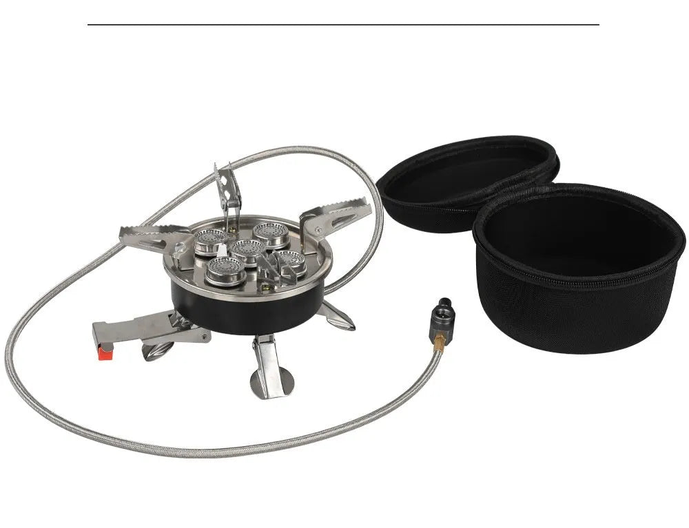 Silver stainless steel and copper portable split camping stove with foldable design and 100cm hose