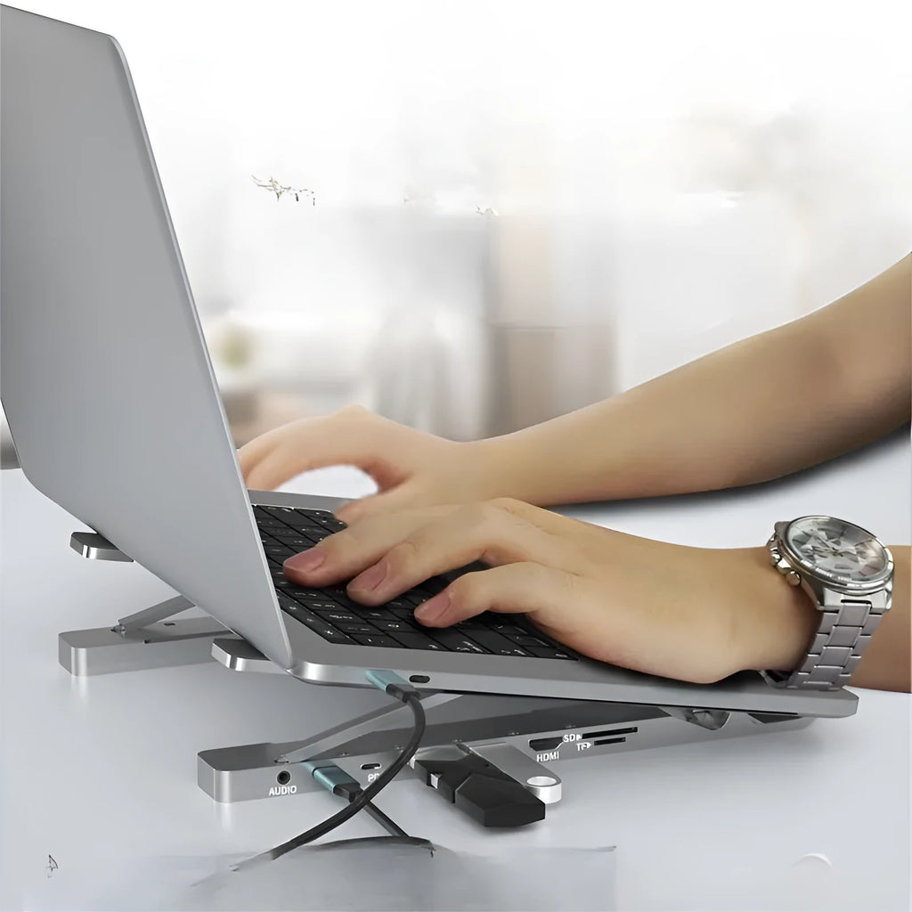 Collapsible aluminium alloy portable bracket for desktop laptop cooling rack in silver or grey
