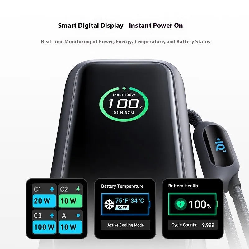 25000mAh fast charging power bank in black with two-wire connection and compact size