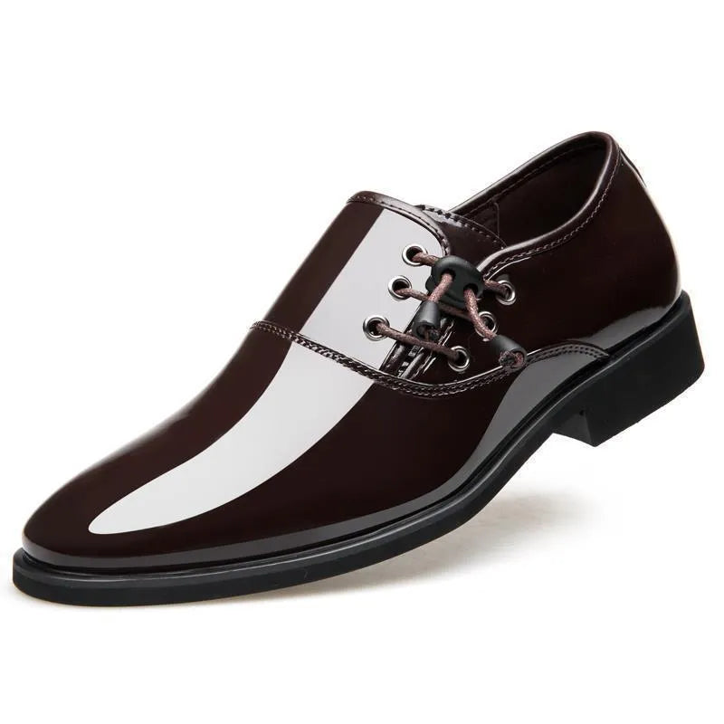Men's black business formal shoes with square heel and round toe design on artificial PU upper