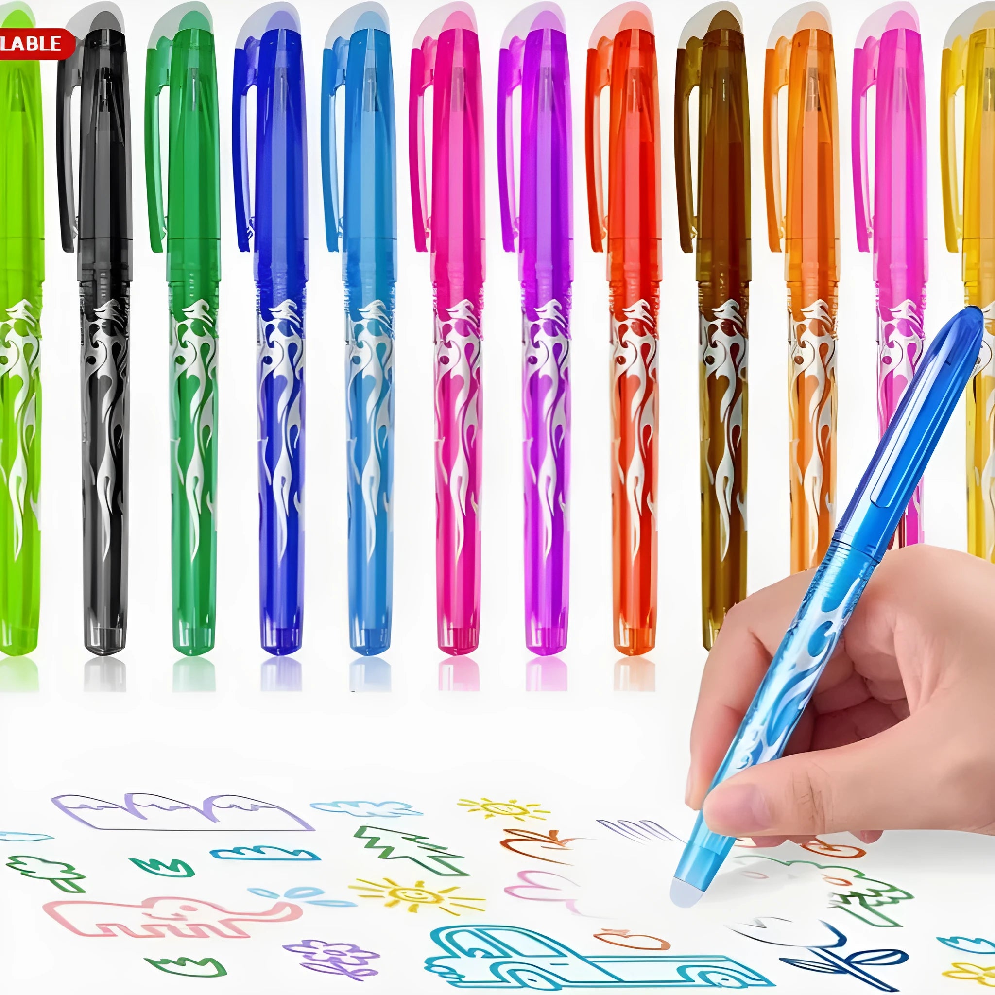 Heat-erasable gel pens with plastic shells and stainless steel nibs in multiple colours for office use