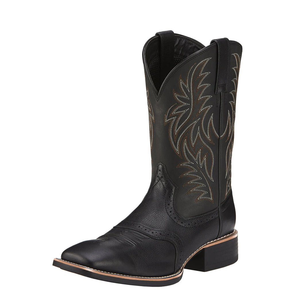Men's black Western cowboy boots with detailed embroidery stitching on the shaft, square toe, and low heel.
