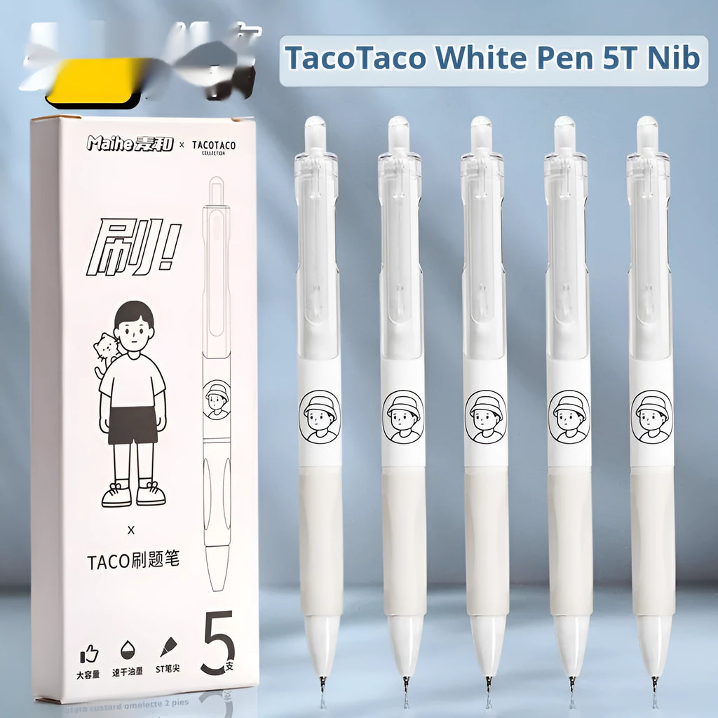Five white Taco ballpoint pens with 0.5mm black ink refills showing quick-drying technology