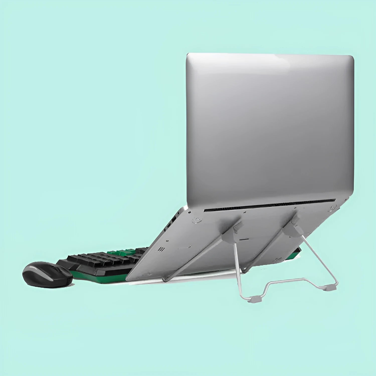 Grey aluminium alloy and plastic adjustable mobile phone and laptop stand shown folded and unfolded.