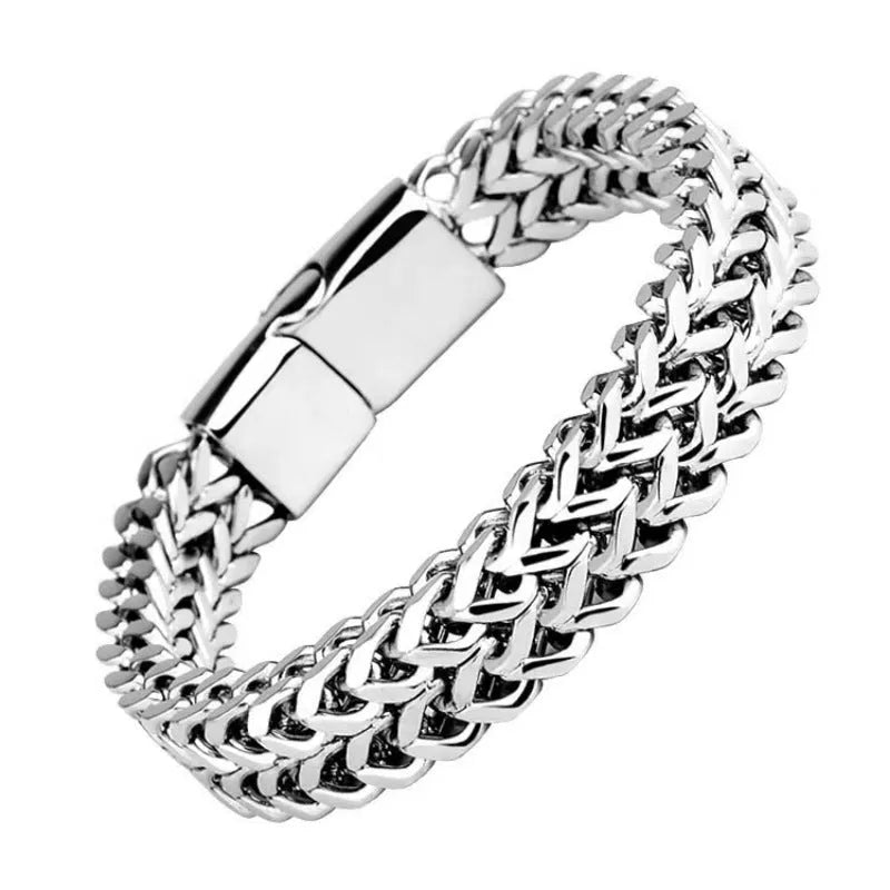 Silver titanium steel geometric men's bracelet showing front and back simple design
