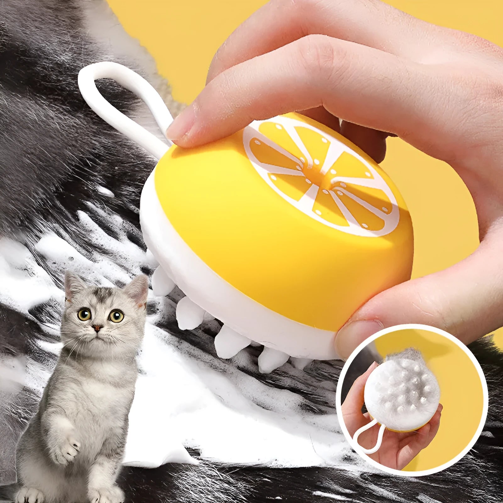 Yellow silicone pet bath brush with grooming comb and massage head functions