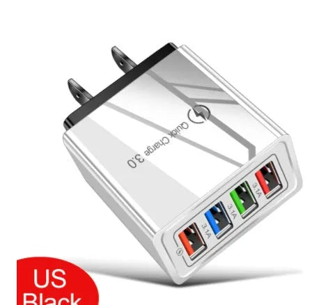 Compact 4-port USB mobile phone charger with luminous indicator light in multiple colour options
