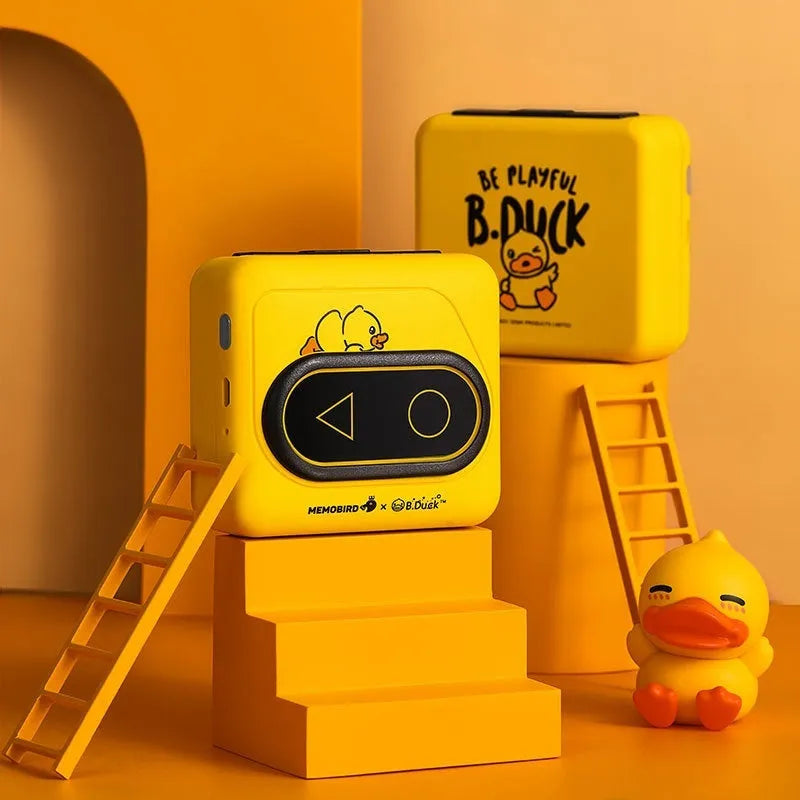 Portable Bluetooth thermal printer in avocado green, pink, small yellow duck or white colours