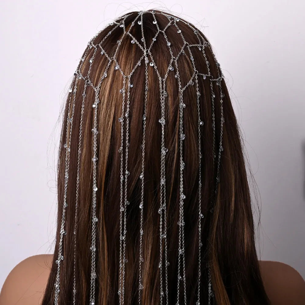Mesh tassel rhinestone headband hair accessory in gold or silver electroplated colour