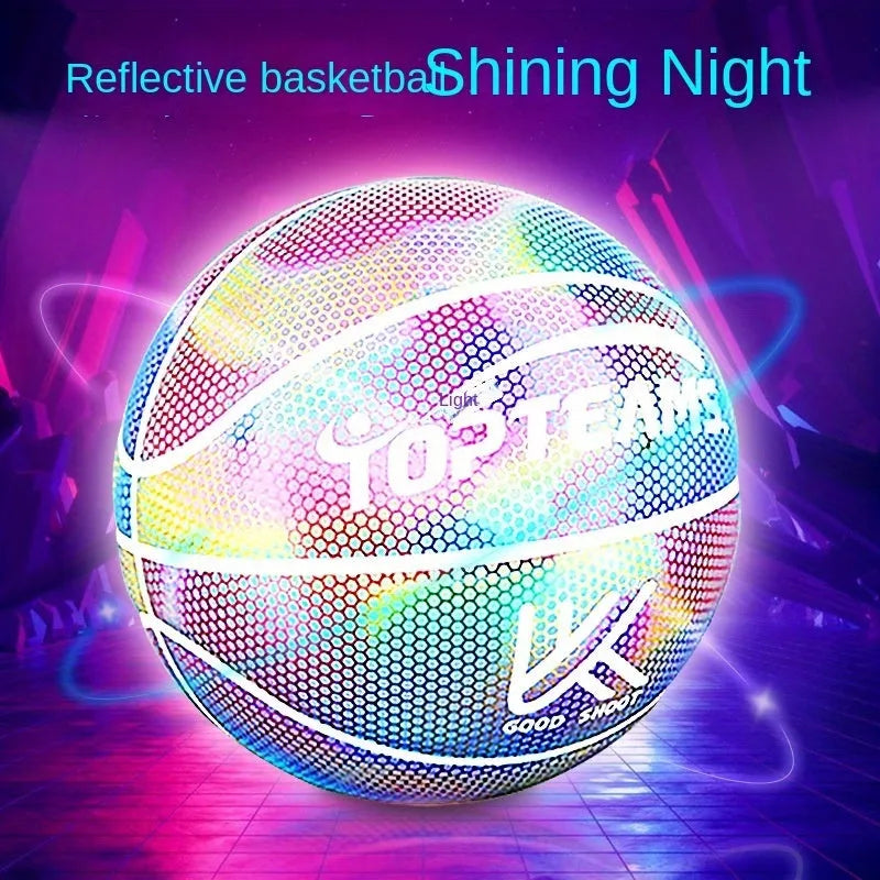 No. 7 basketball with holographic reflective surface and fluorescent colours on PU leather.