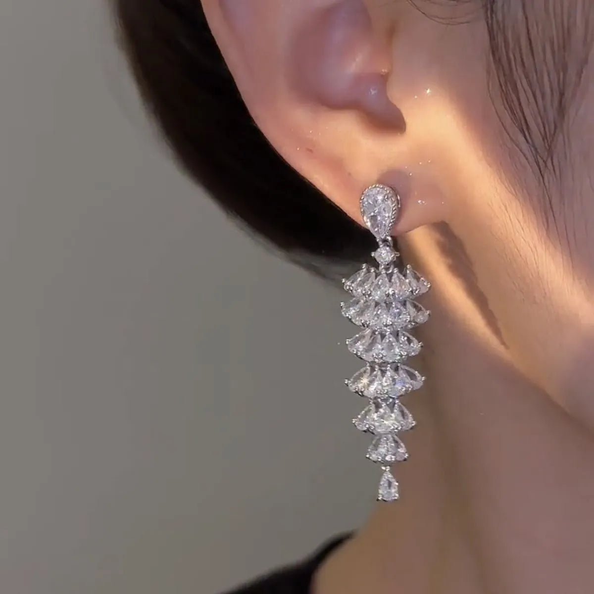 Silver pagoda Christmas tree drop earrings with sparkling zircon crystals on copper stud fittings