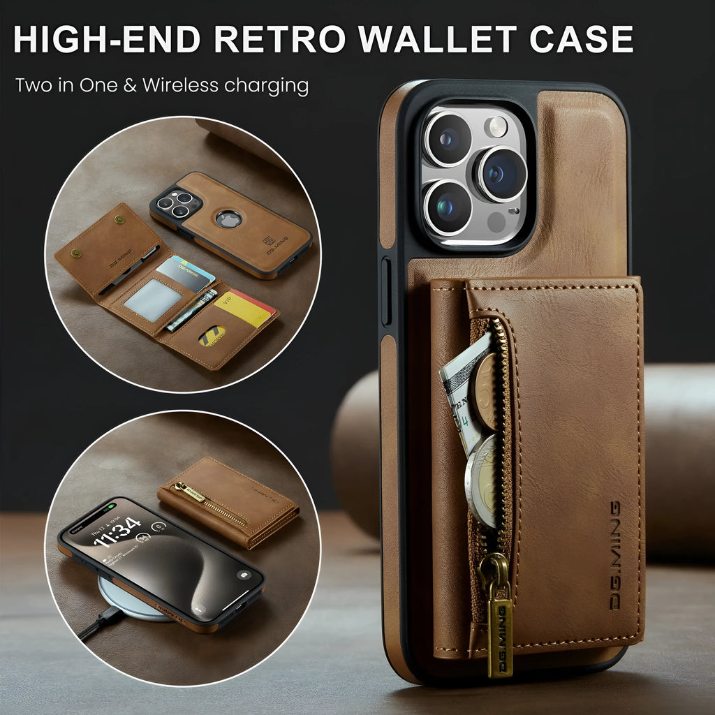 PU wireless charging phone case with magnetic card holder for Apple iPhone 11-15 series, retro style, M5 combination colour option