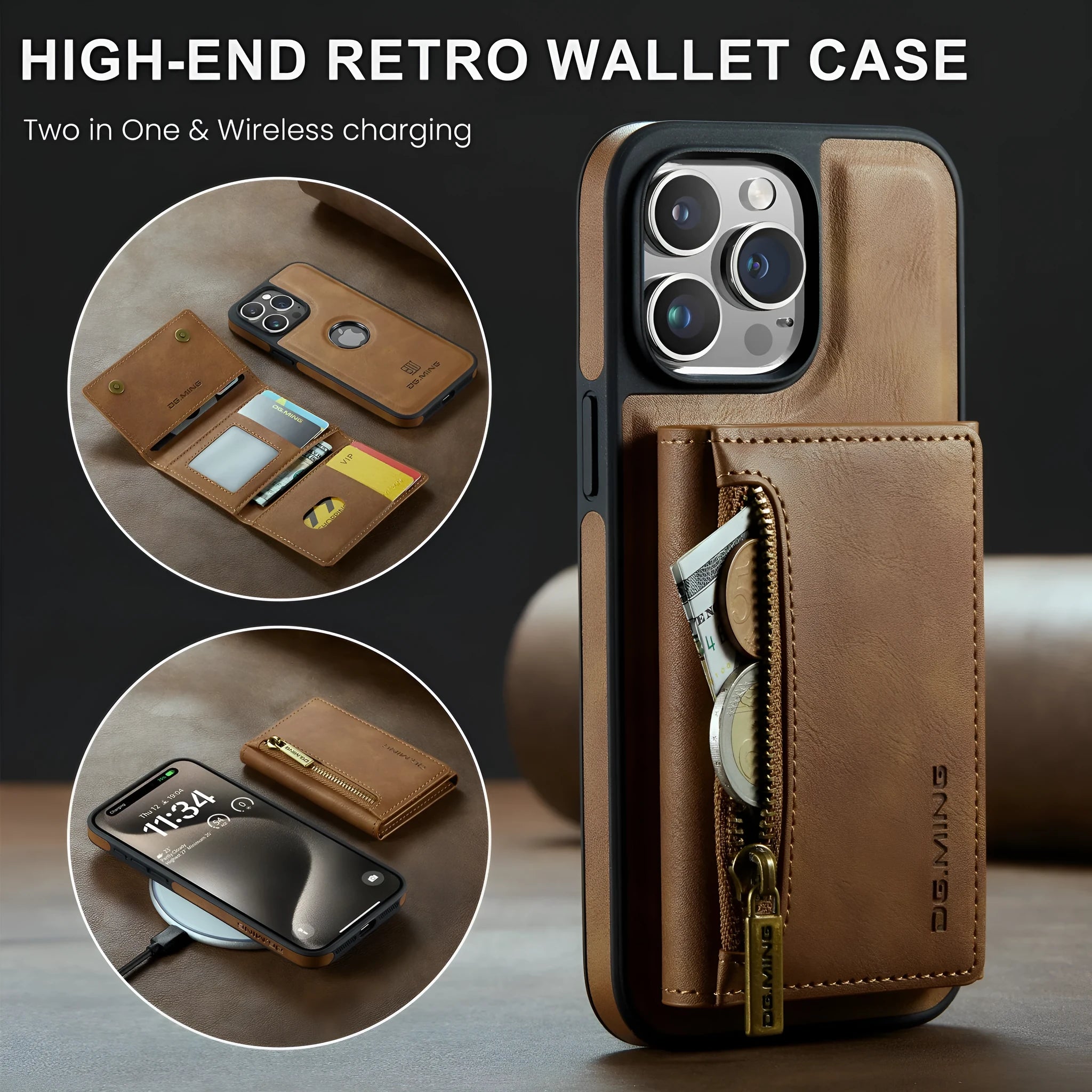 PU wireless charging phone case with magnetic card holder for Apple iPhone 11-15 series, retro style, M5 combination colour option
