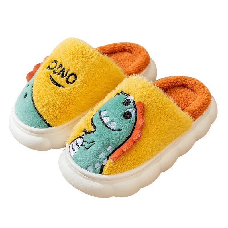 Cotton plush dinosaur couple slippers in grey, coffee and orange colours with thickened construction