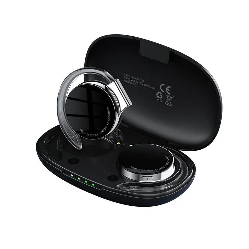 Black and white sports wireless Bluetooth earphones with ear plug design.