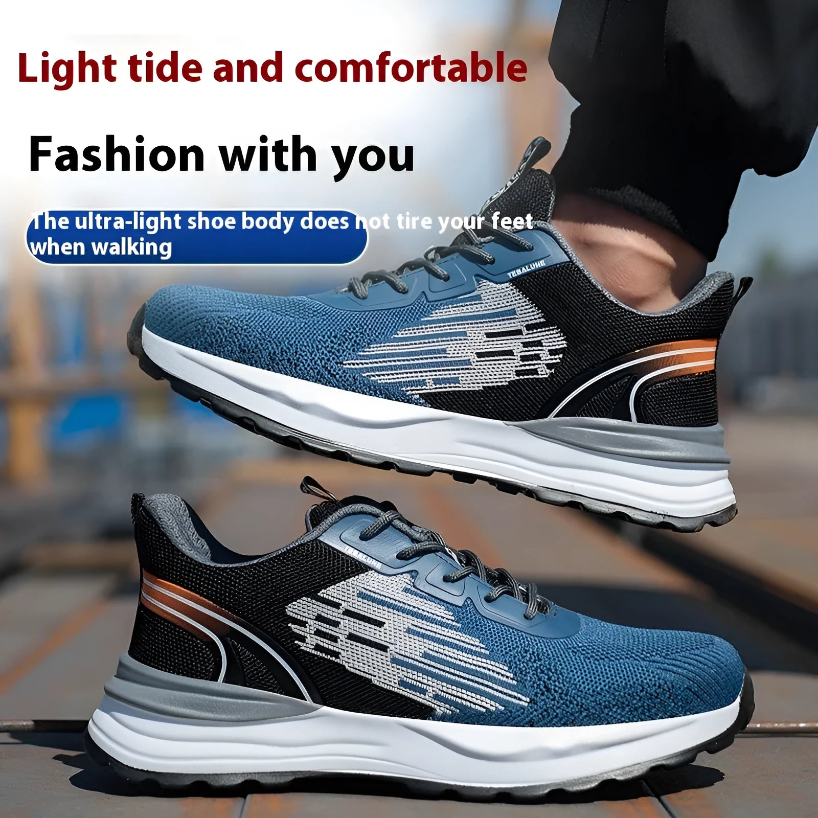 Blue men's safety work shoes with mesh upper, plastic toe cap, and lace-up front.