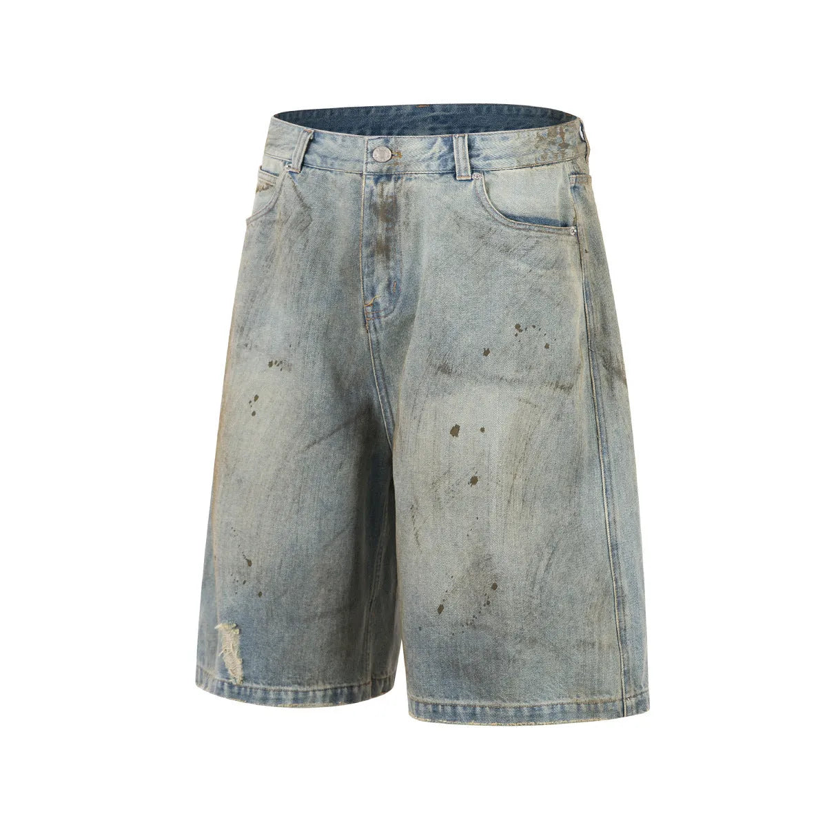Washed blue cropped denim jeans with straight leg cut and zipper fly